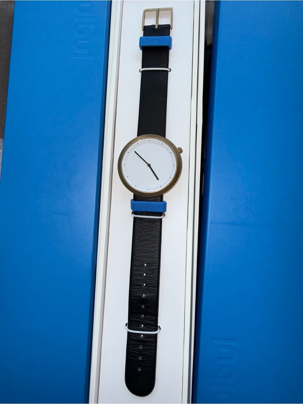 Bulbul Minimalist Men's Black Leather Watch with Blue Accents